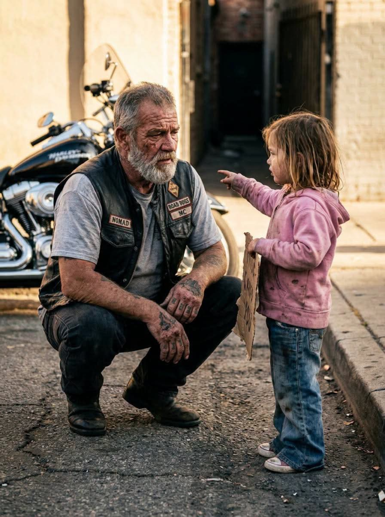 A Biker Stopped for a 7-Year-Old Begging on a Corner — When He Asked Where Her Mom Was, She Pointed to the Alley