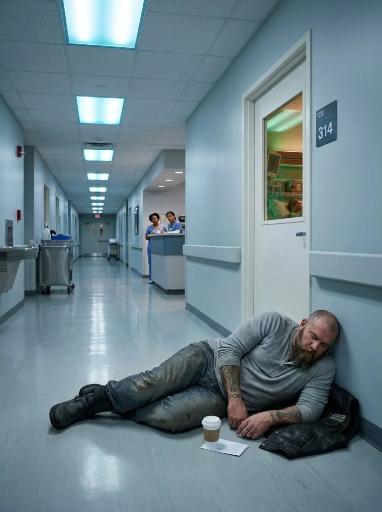 Pound Biker Slept on the Hallway Floor Outside the ICU for 5 Nights Straight — Security Almost Called the Police on Him. Then the Firefighter Recognized His Face.