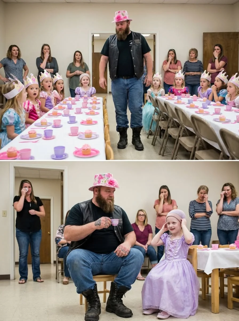 A 6’5 Biker In Full Leather Walked Into His Daughter’s Princess Tea Party Wearing A Pink Ribbon Hat — And The Promise Behind It Made Every Mother Cry
