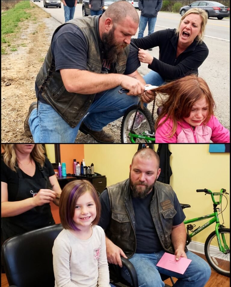 A Biker Used a Knife to Cut a Little Girl’s Long Hair Beside a Highway — Three Weeks Later, He Waited Outside a Salon With the Promise He Owed Her