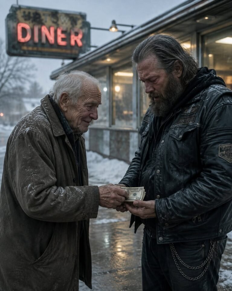 An elderly man of 80, nearly penniless, selflessly handed his final $20 to a starving biker outside a silent diner—an unassuming act of kindness that unexpectedly sparked gratitude, transforming his life as an entire community soon rallied around him in support