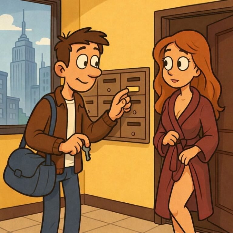 A stunning young woman steps out of the apartment