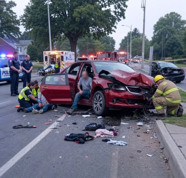 scene of chaos and destruction. A red sedan crashed head-on in