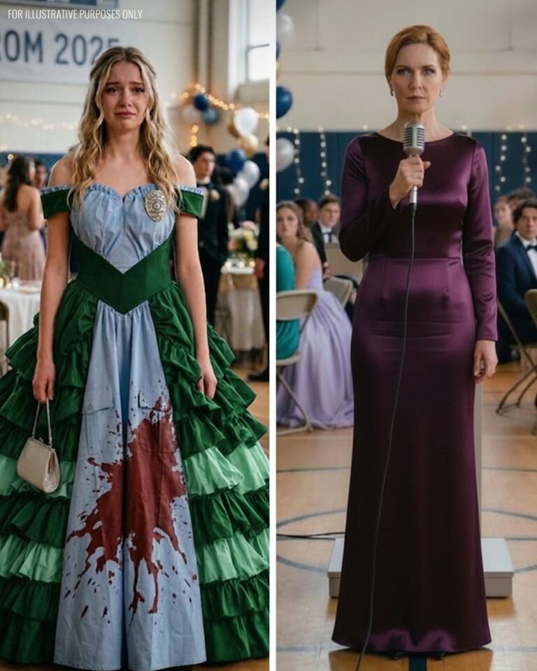 My Daughter Made Her Prom Dress Out of Her Late Father’s Uniform – When Her Mean Classmate Poured Punch on It, the Girl’s Mother Grabbed the Mic and Said Something That Froze the Whole Gym